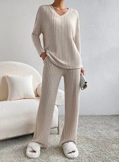 Cozy ribbed knit pajama set with V-neck top and wide-leg pants, perfect for lounging at home