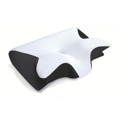 Ergonomic memory foam pillow with quilted white top and black mesh sides for neck support