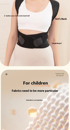 Black posture corrector for girls and children, promotes standing tall with safe, healthy fabric support
