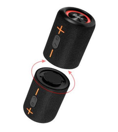 Black portable Bluetooth speaker with orange accents, stackable design for stereo sound