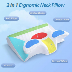 2 in 1 ergonomic neck pillow with hollow design, contour area, cervical support, armrest, and roll pillow features