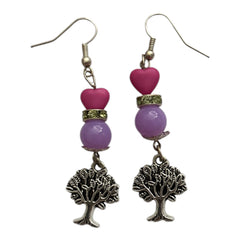 Tree Drop Earrings Nickle Free silver plated earrings with Purple and Heart Shaped Bead