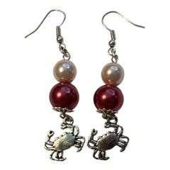 Crab Beaded Nickle Free silver Plated Earrings Red Bead Pearl Coloured Bead