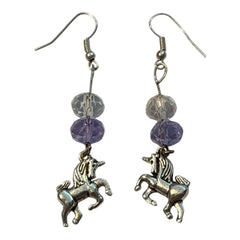 Unicorn Beaded Nickle Free silver plated Earrings Purple and Clear Beads