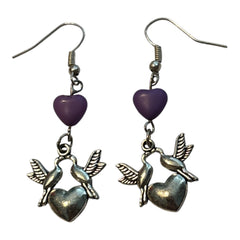 Valentine Love Bird Silver Plated Charm Earrings Purple Heart Bead