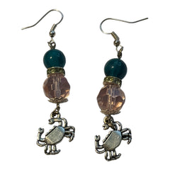 Crab Beaded Silver Nickle Free Earrings Green and Pink Beads