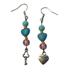Key to my heart Earrings Nickle Free Beaded Earrings Turquoise Heart Bead pink Bead
