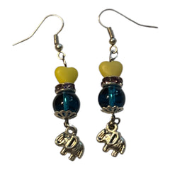 Elephant charm beaded Earrings yellow heart charm blue bead drop earrings