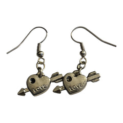 Love Heart and Arrow Silver Charm earrings with Nickle Free Silver Ear Hooks