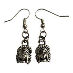 Native American Indian Chief Silver Charm Earrings with Nickle Free Ear Hooks