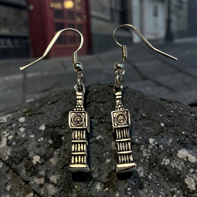 London Themed Silver Charm Earrings Big Ben Clock Charm with Nickle Free Earhooks