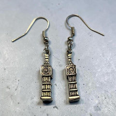 London Themed Silver Charm Earrings Big Ben Clock Charm with Nickle Free Earhooks