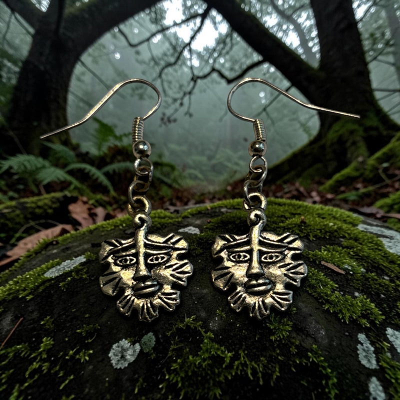 Green Man Wicca Silver Charm Earrings with Nickle Free Earhooks