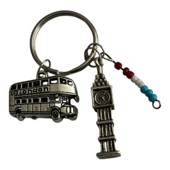 London silver charm keyring with beads Big Ben London bus charms
