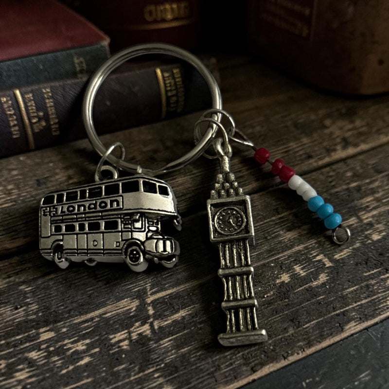 London silver charm keyring with beads Big Ben London bus charms