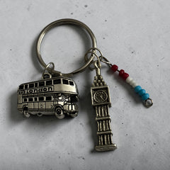 London silver charm keyring with beads Big Ben London bus charms