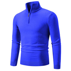 Vibrant blue men's quarter-zip sweater with ribbed collar and cuffs, perfect for cozy casual wear