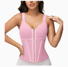 Pink zip-front waist trainer corset for women, body shaping shapewear with adjustable straps