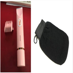 Pink electric hair trimmer with comb attachment and black exfoliating bath glove