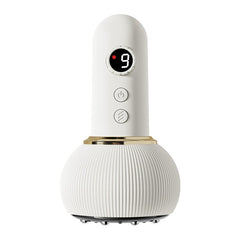 White facial massager with digital display and gold accent, ideal for skincare routines and relaxation gifts