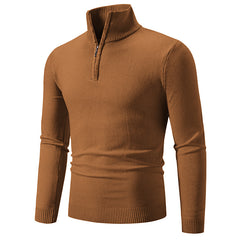Brown men's half-zip turtleneck sweater, cozy knit pullover for casual wear