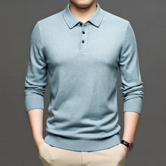 Light blue long sleeve polo shirt for men, casual knitwear with button collar