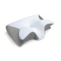 Ergonomic memory foam pillow with quilted white top and gray mesh sides for neck support