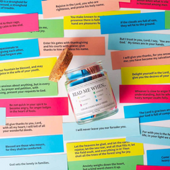 Color-coded Bible verse cards in glass jar, uplifting spiritual quotes for daily inspiration, faith-based gift idea