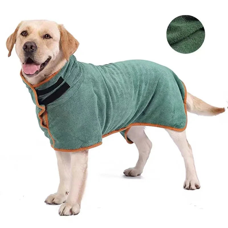 Happy yellow lab wearing green towel coat with orange trim, perfect pet gift