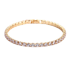 Elegant gold tennis bracelet with sparkling clear crystals, perfect for gifting