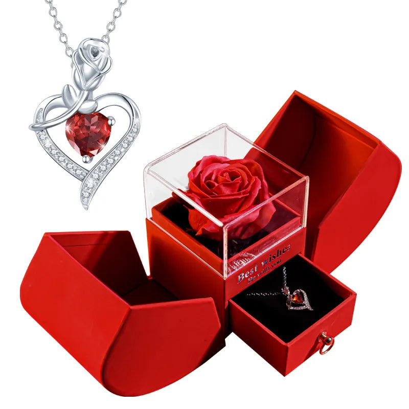 Red rose in clear box with heart pendant necklace, perfect gift for loved ones
