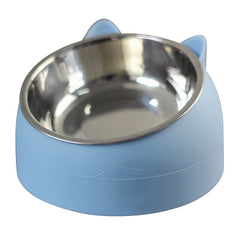 Blue cat-shaped pet bowl with stainless steel interior, cute design for cats or small dogs