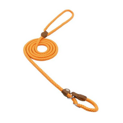 Orange rope dog leash with brown leather handle and clip, coiled on white background