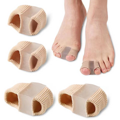 Toe separators for foot comfort and alignment, shown on feet and as individual pads