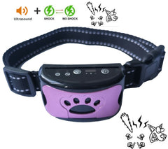 Purple dog training collar with ultrasonic and shock modes, paw print design, adjustable strap