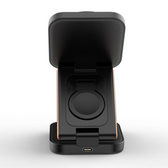 Black foldable wireless phone charger with USB port, sleek design for home or office use