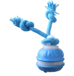Blue rope dog toy with knotted ends and plastic base for interactive play and chewing