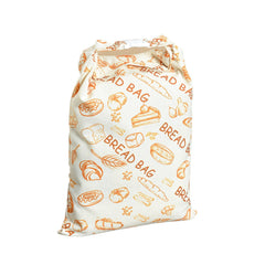 Reusable bread bag with orange bakery print, drawstring closure, perfect for storing fresh bread and pastries