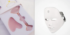 Pink jade roller and gua sha set with white LED face mask for skincare routines