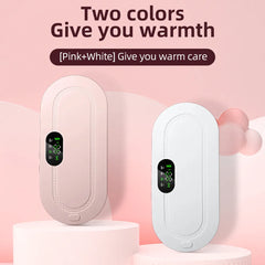 Pink and white portable hand warmers with digital display, cozy warmth for gifts