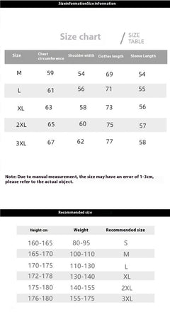 Size chart for clothing with measurements and recommended sizes for fit guidance