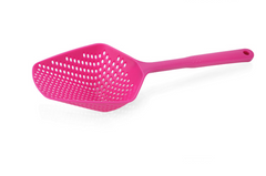 Bright pink plastic strainer with perforated bowl and long handle for kitchen use