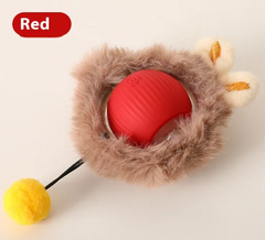 Red cat toy with fluffy brown fur, bunny ears, and yellow pom-pom tail for playful pets