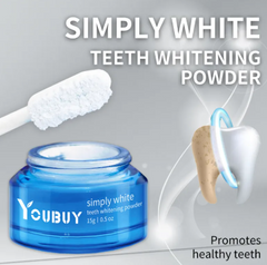 Simply White Teeth Whitening Powder in blue jar with toothbrush, promotes healthy teeth