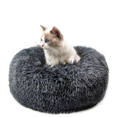 Fluffy gray cat bed with cozy plush texture, perfect for pets and family gifts