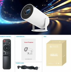 Smart projector with remote, manual, power cord, and Ultra HD box for home entertainment
