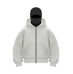 White zip-up hoodie with black balaclava, cozy winter outfit for gifts