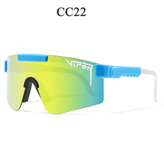 Viper CC22 sport sunglasses with gradient yellow-green lens and blue frame, ideal for outdoor activities