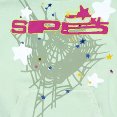 Mint green hoodie with pink 'SPE' graphic, stars, and web design—fun gift for family