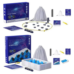 Magnetic building toy set with colorful pieces, storage bag, and activity guide for kids 9+